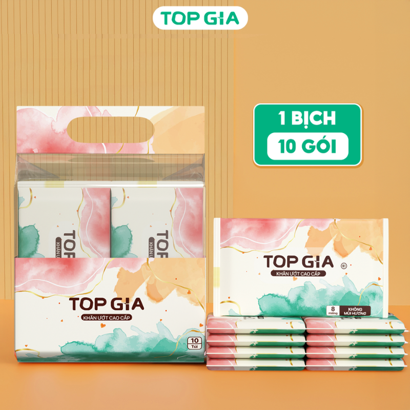 Hình sản phẩm thể hiện quy cách 1 bịch 10 gói và 8 miếng mỗi gói
