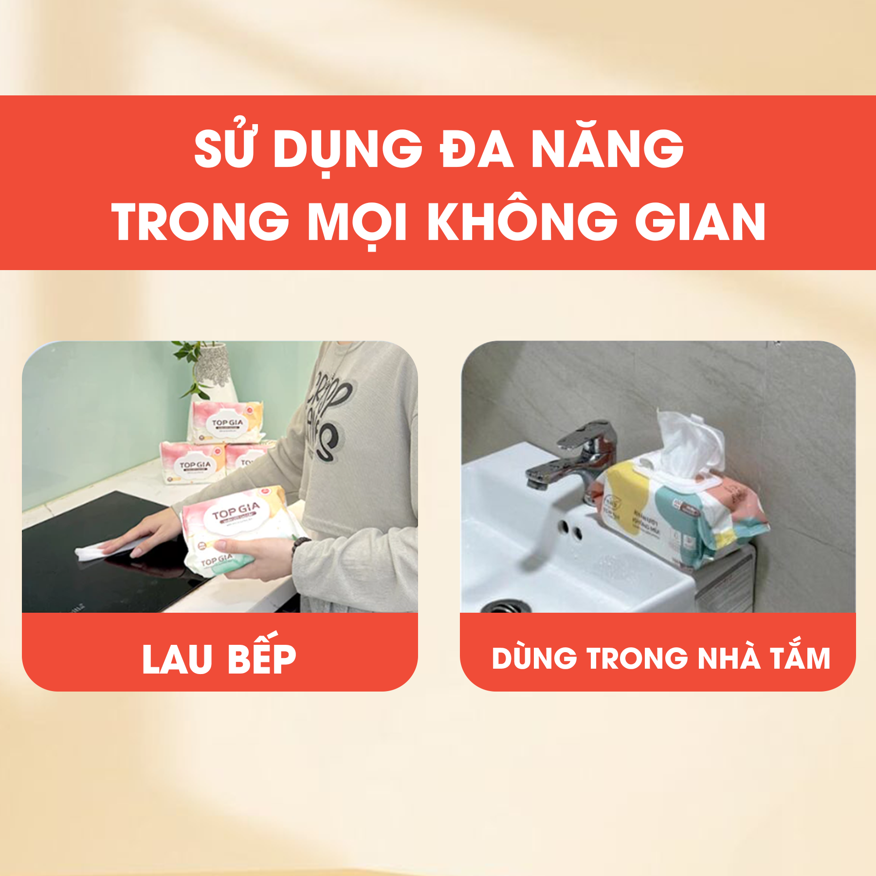 Minh họa cách dùng khăn trong bếp và khu vực nhà tắm