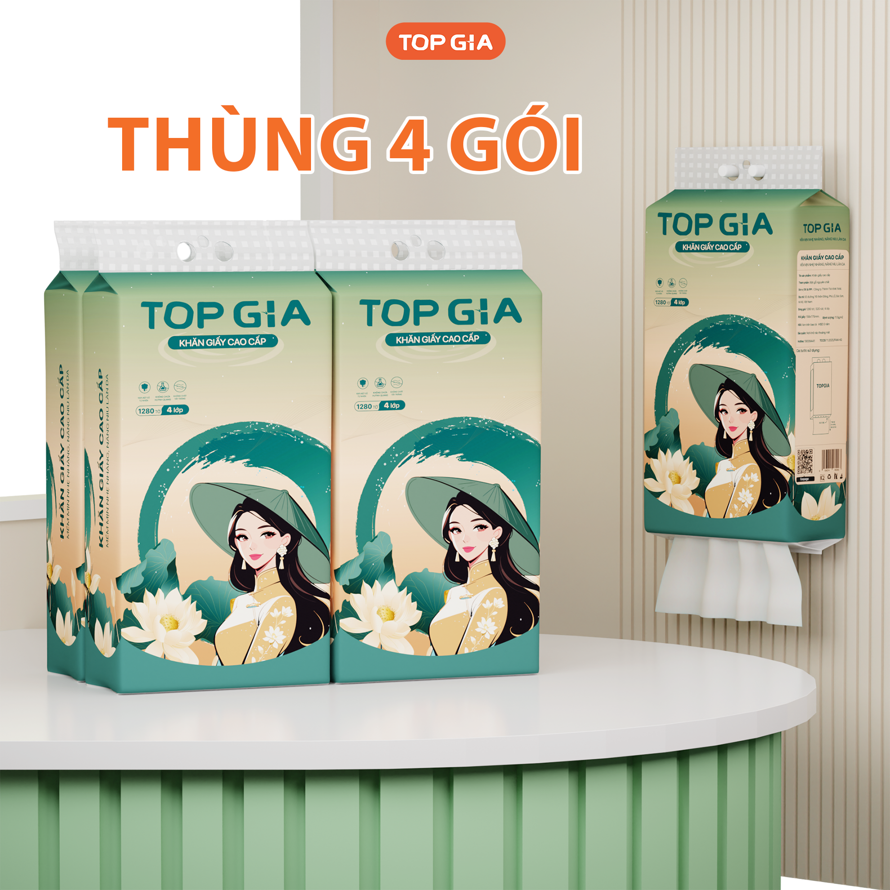 1 Bịch Giấy Rút Đáy Topgia Sắc Việt 4 Lớp 1280 Tờ