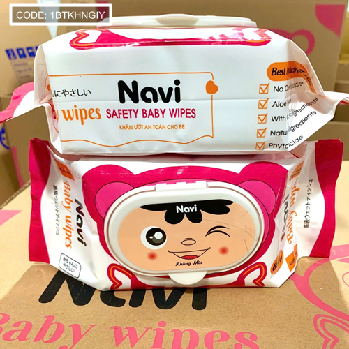Mặt trước bao bì Navi wipes với các ghi chú No Paraben, Aloe, With fragrance, Natural ingredients, Phytoncide.