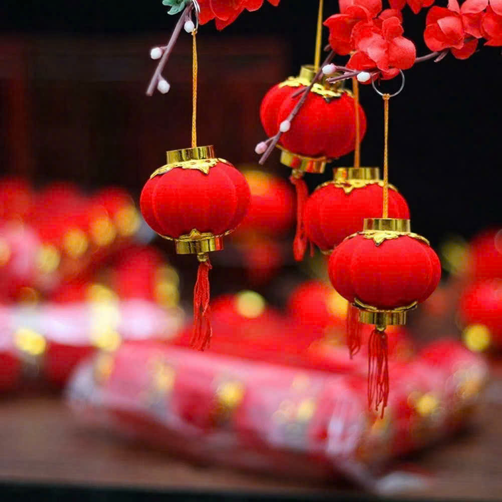 Cận cảnh lồng đèn đỏ nhung với chi tiết viền màu vàng và tua rua