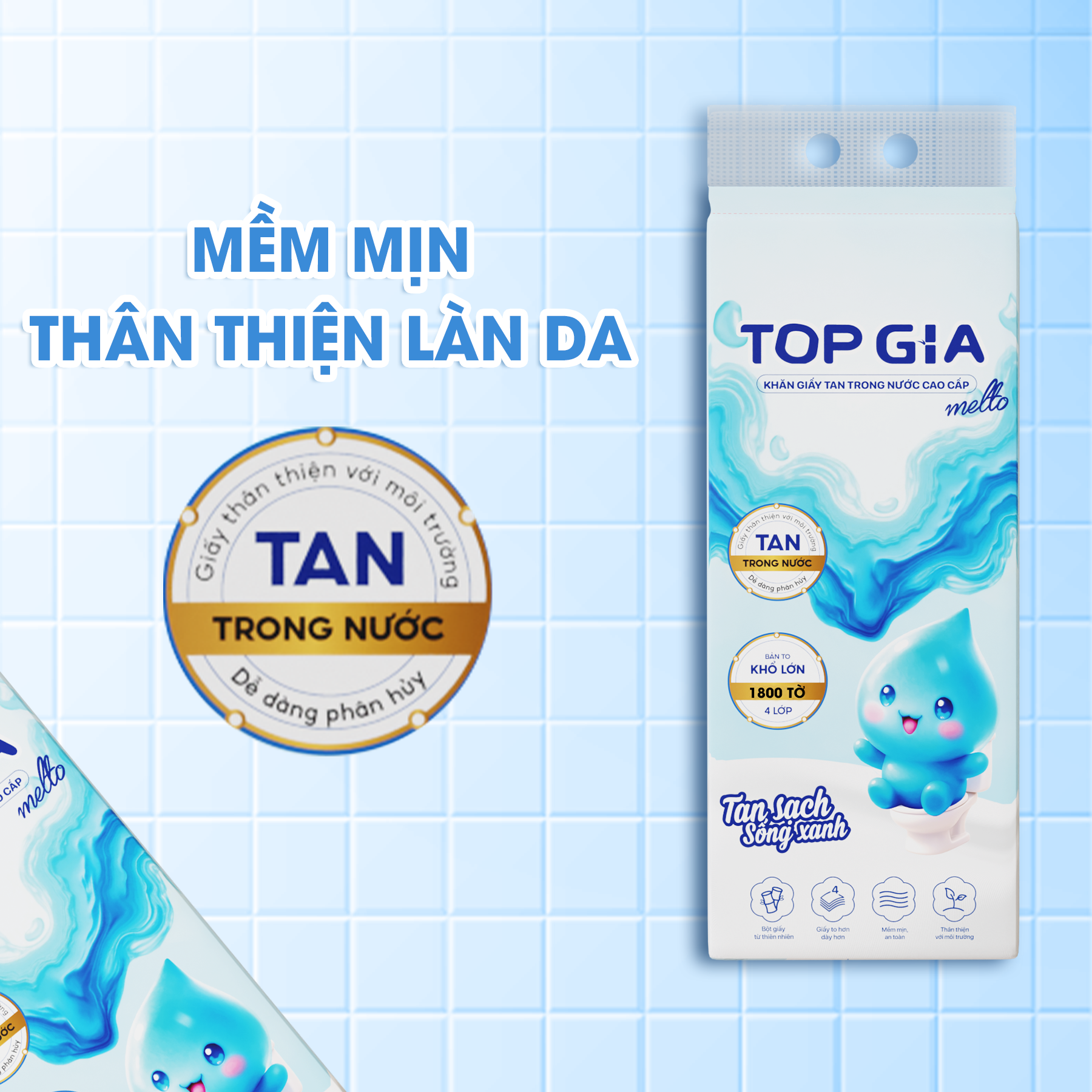 Minh họa đặc tính tan trong nước và bề mặt giấy mềm mịn