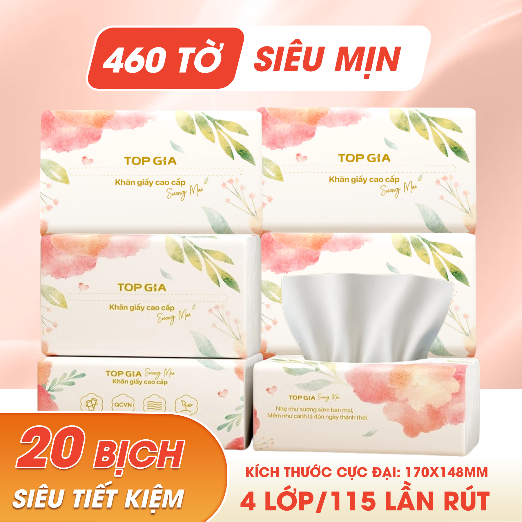 Hình sản phẩm kèm thông số 460 tờ, 4 lớp và kích thước tờ giấy