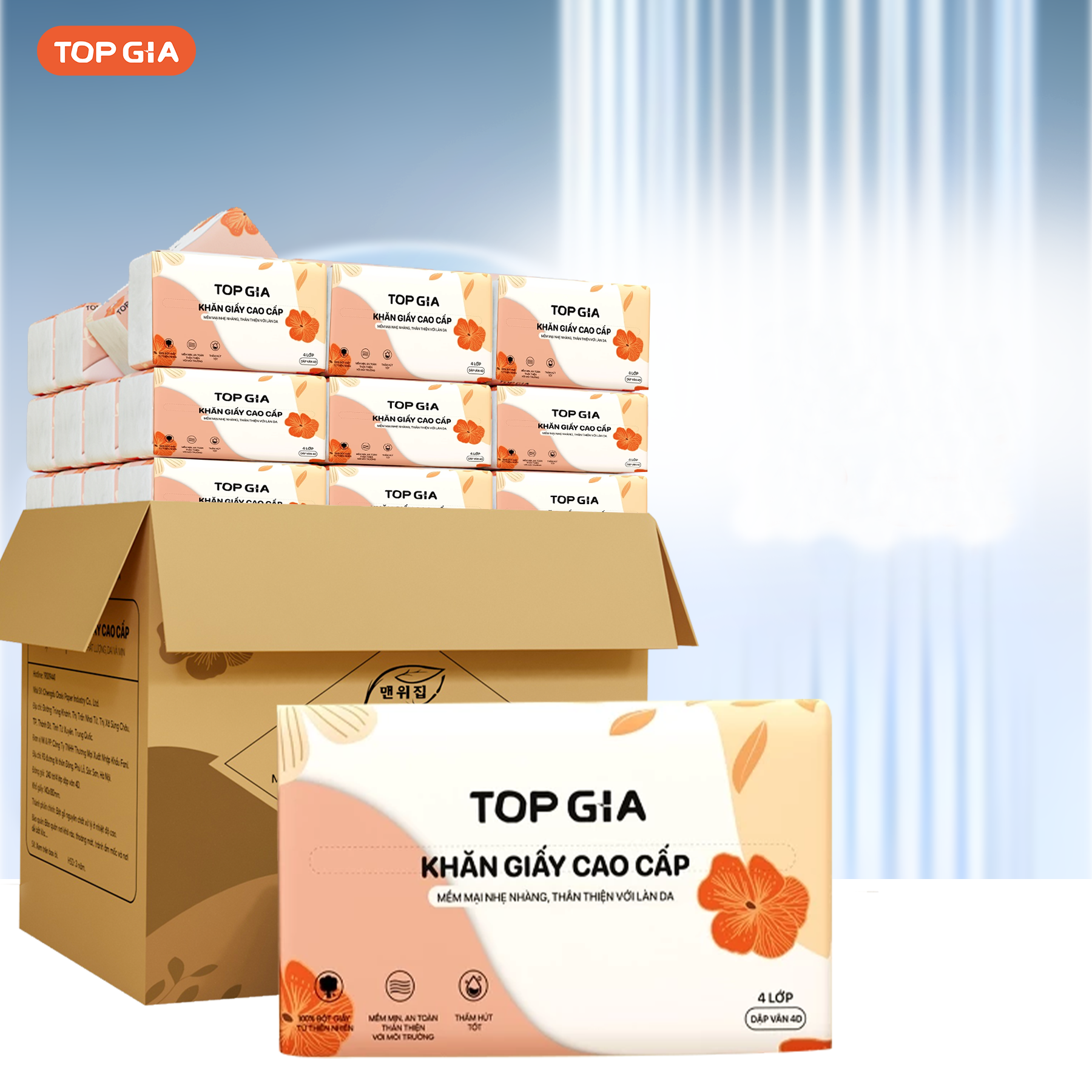 Thùng 36 Gói Giấy Ăn Topgia Sắc Hạ 4 Lớp 240 Tờ