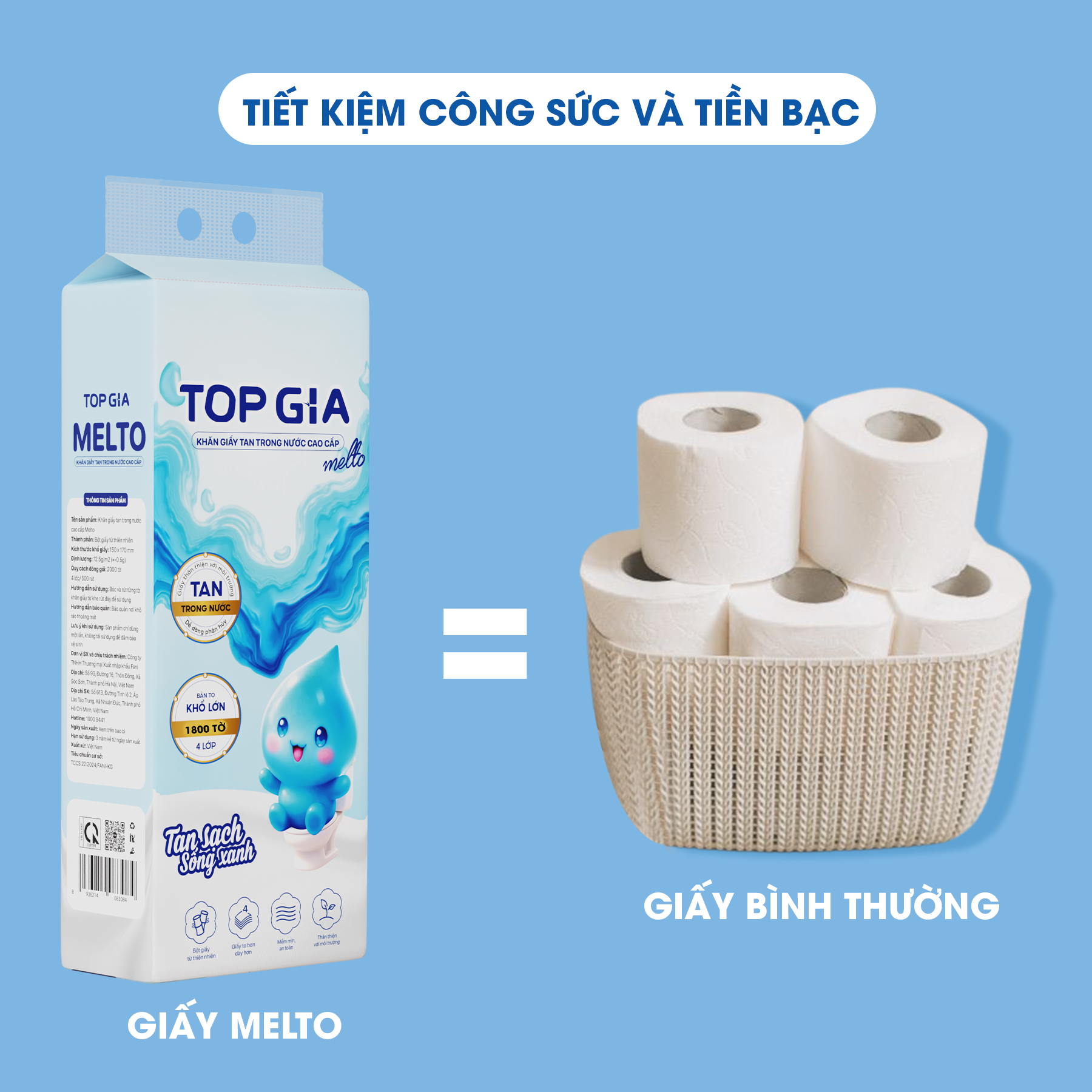 Thùng 4 Bịch Giấy Vệ Sinh Topgia Melto 1800 Tờ 4 Lớp