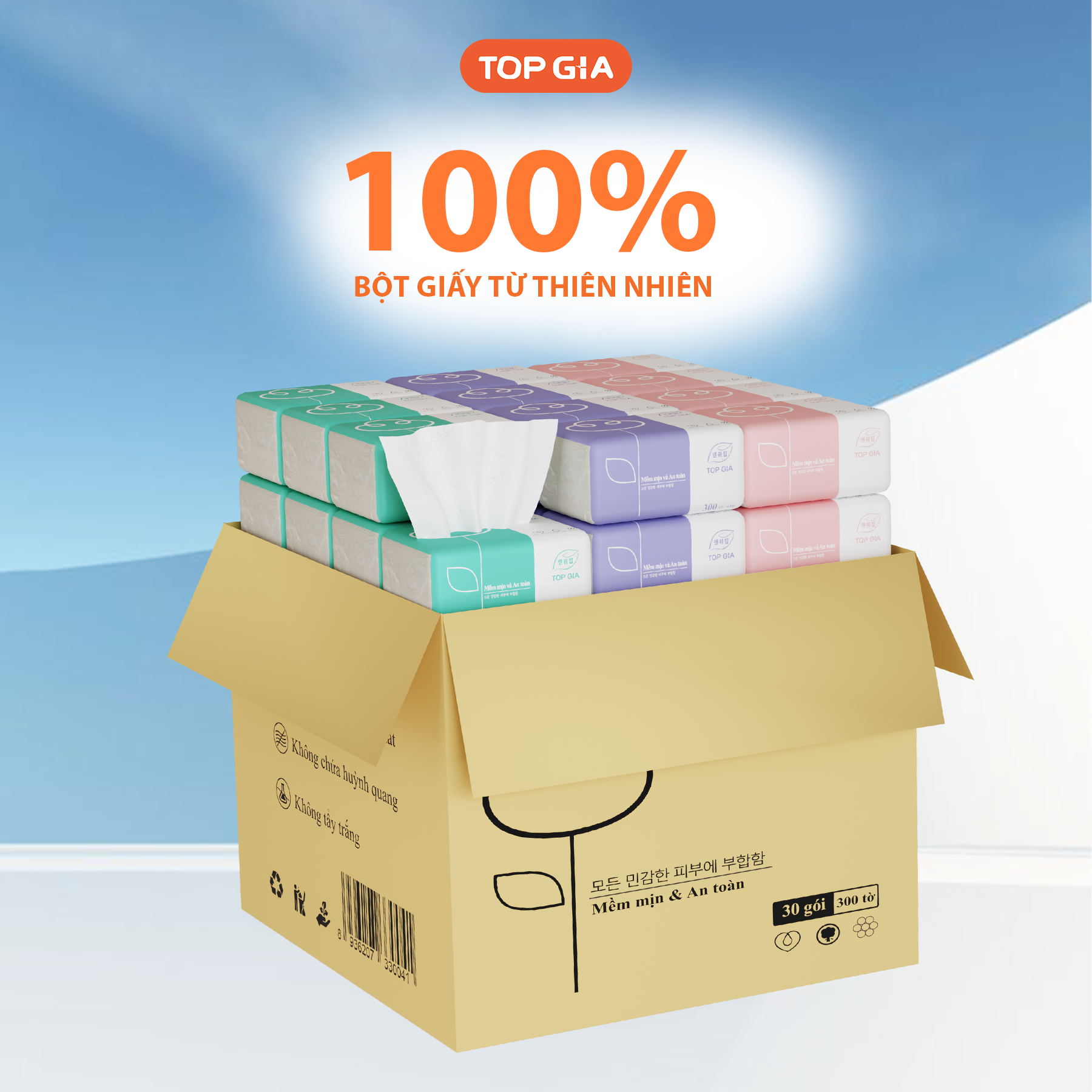 Giấy Ăn Topgia 3 Màu Thùng 36 Gói / 40 Gói 300 Tờ 4 Lớp - Thùng 40 Gói