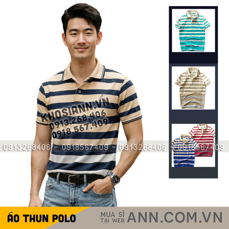 Áo polo nam cổ bẻ sọc ngang thêu chữ A