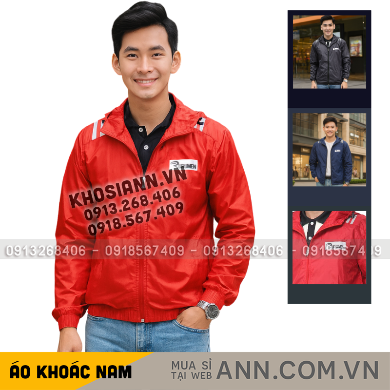 Áo khoác nam dù 2 lớp có nón logo Rurumen