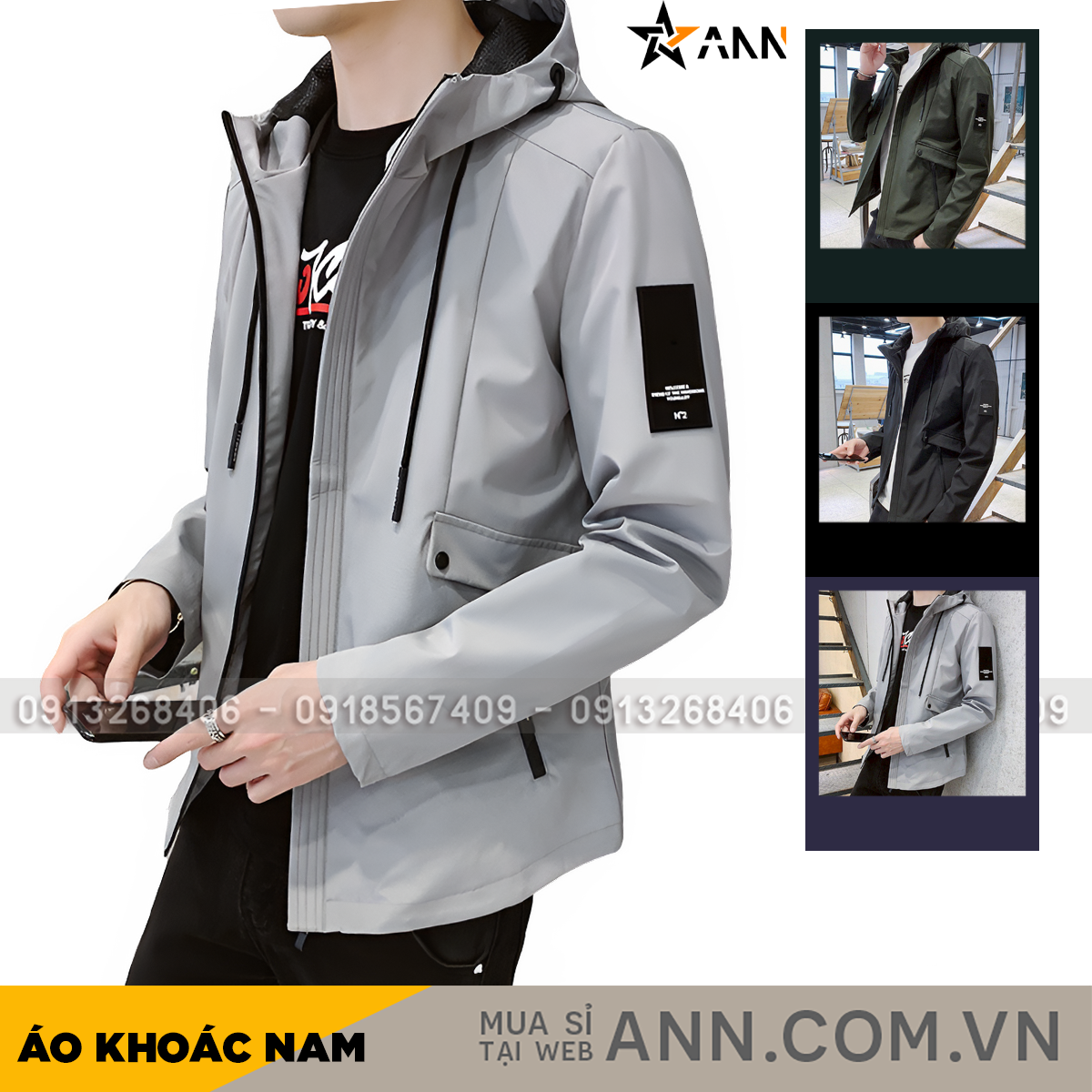 Tổng thể áo có nón và chi tiết logo bên tay