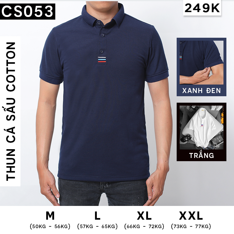Áo polo nam thêu 3 sọc đỏ xanh thun cá sấu 4 chiều