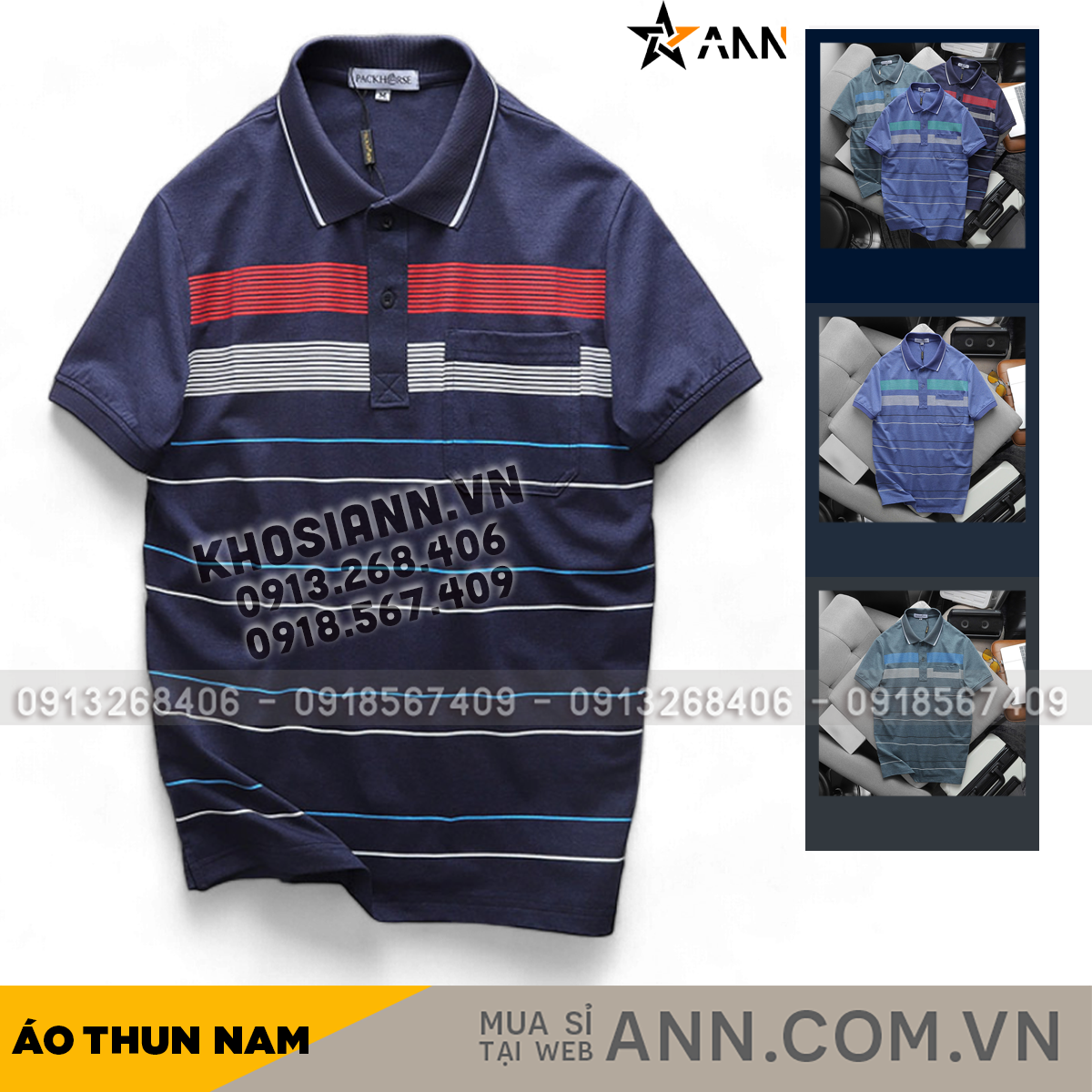 Áo Thun Nam Cổ Bẻ Sọc Ngang Có Túi In Dẻo Size 3X