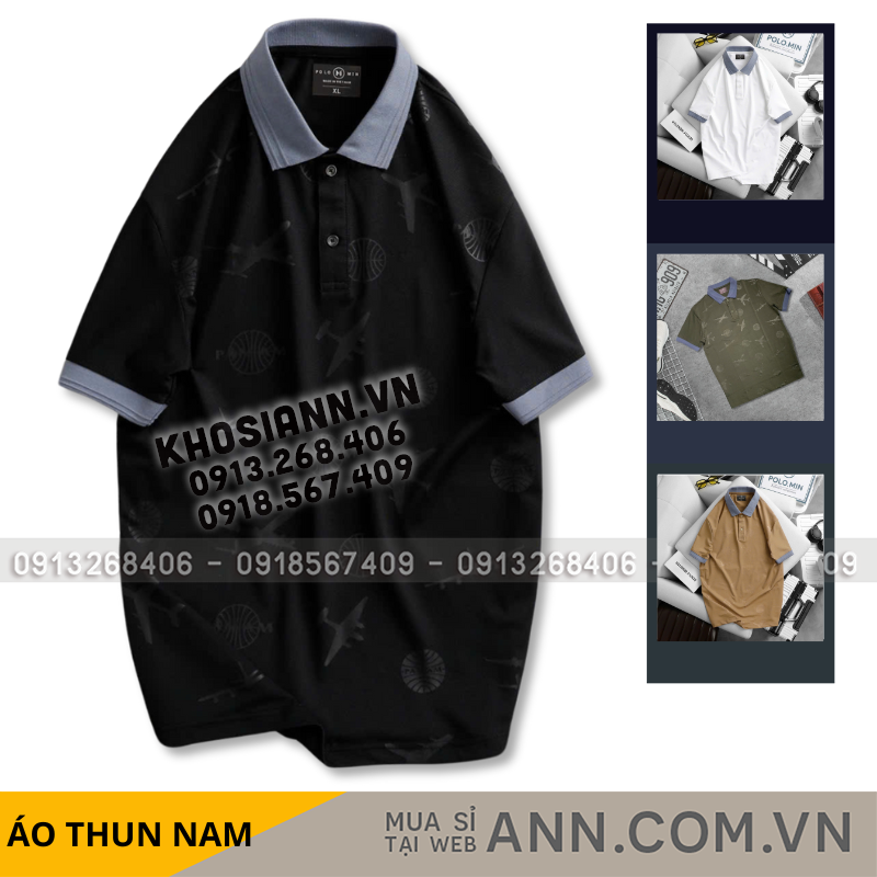 Mặt trước áo với cổ bẻ phối màu và họa tiết máy bay