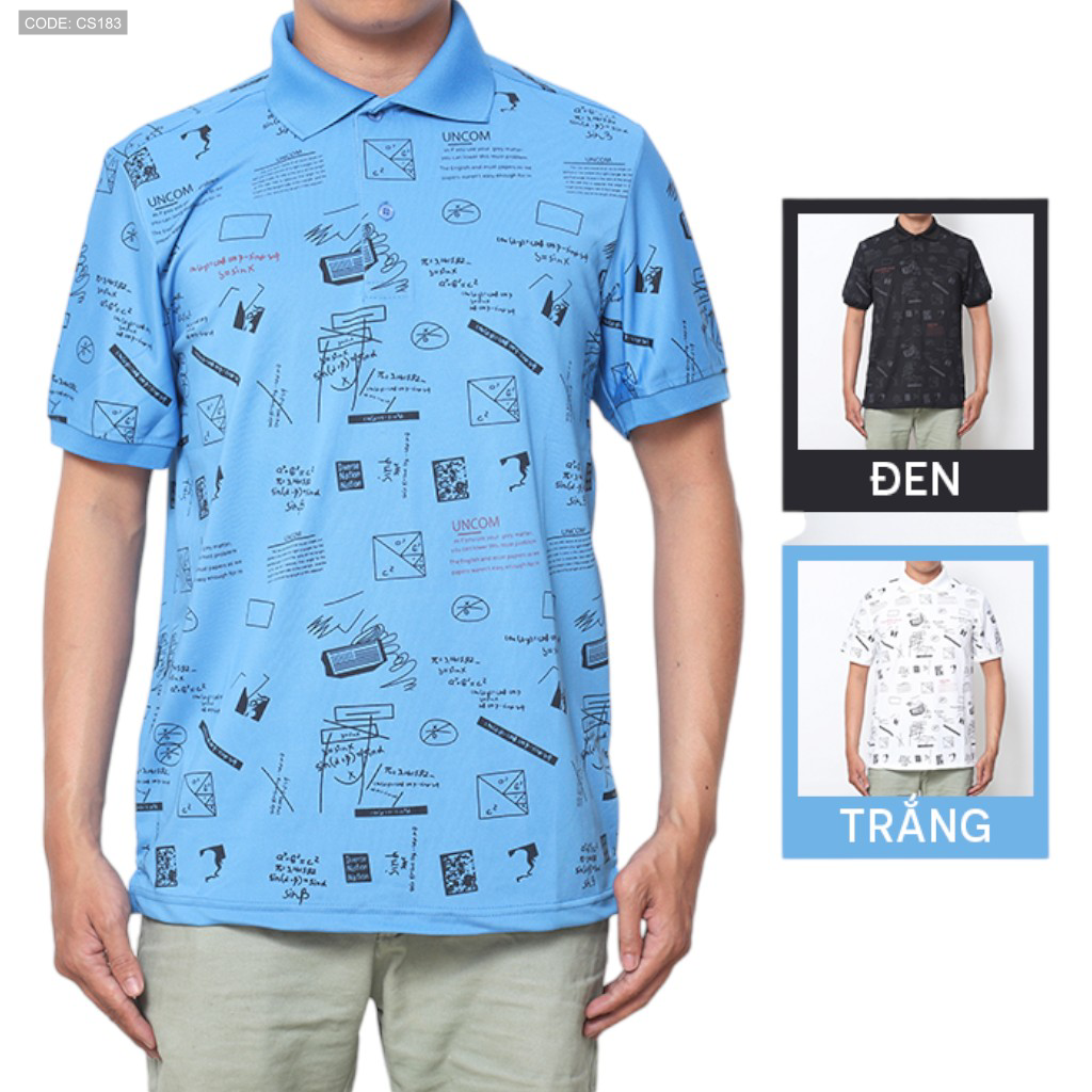 Mặt trước áo xanh với cổ bẻ và họa tiết in toàn thân