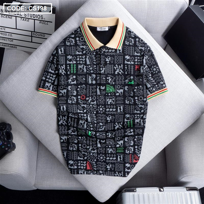 Áo Thun Nam Cổ Bẻ In Họa Tiết Viền Bo Màu size 3x