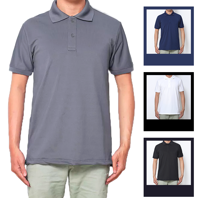 Hình mặc thực tế với thiết kế polo tay ngắn, màu trơn gọn gàng