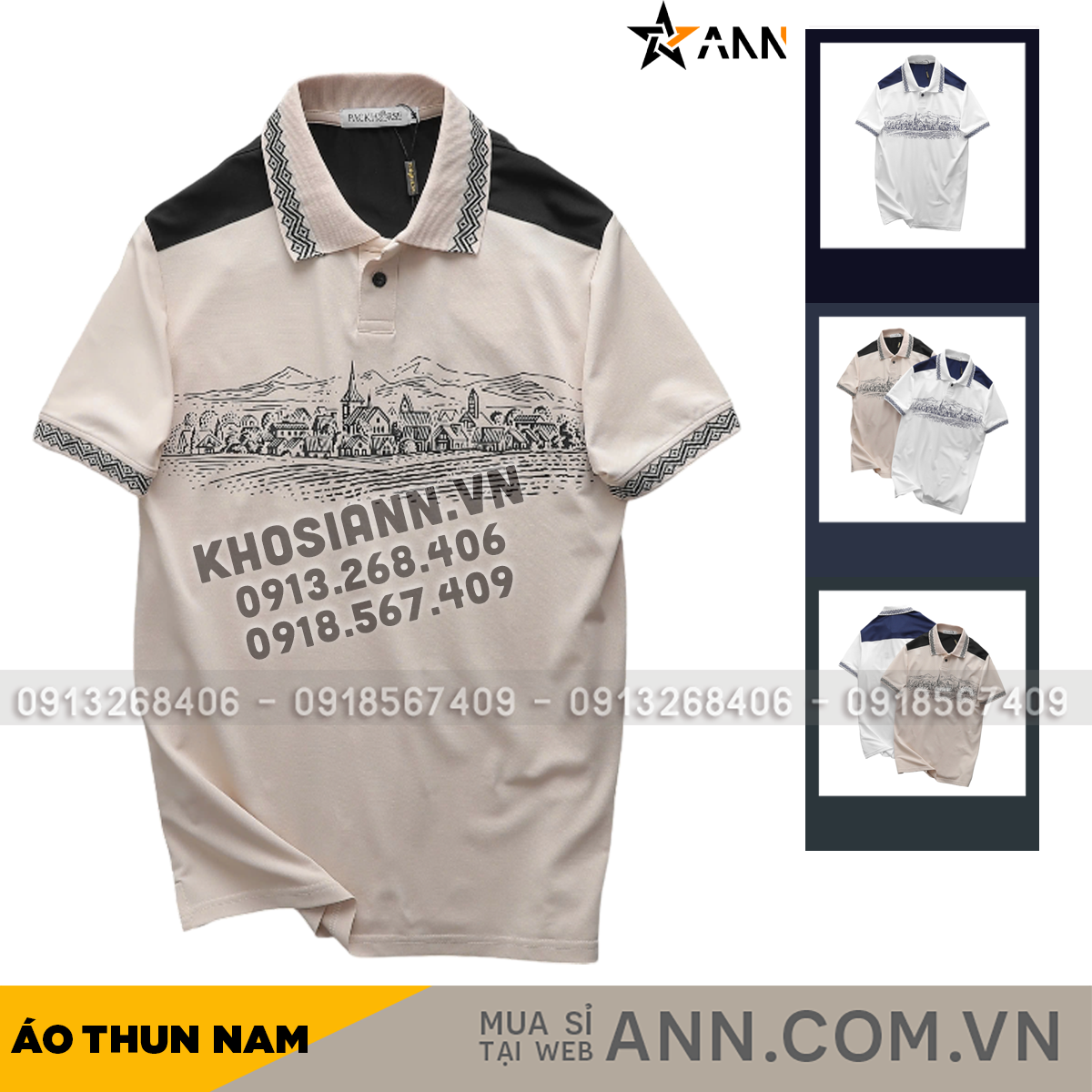 Áo Thun Nam Cổ Bẻ Pack Horse Họa Tiết Ngôi Làng Cổ Điển Size 3x