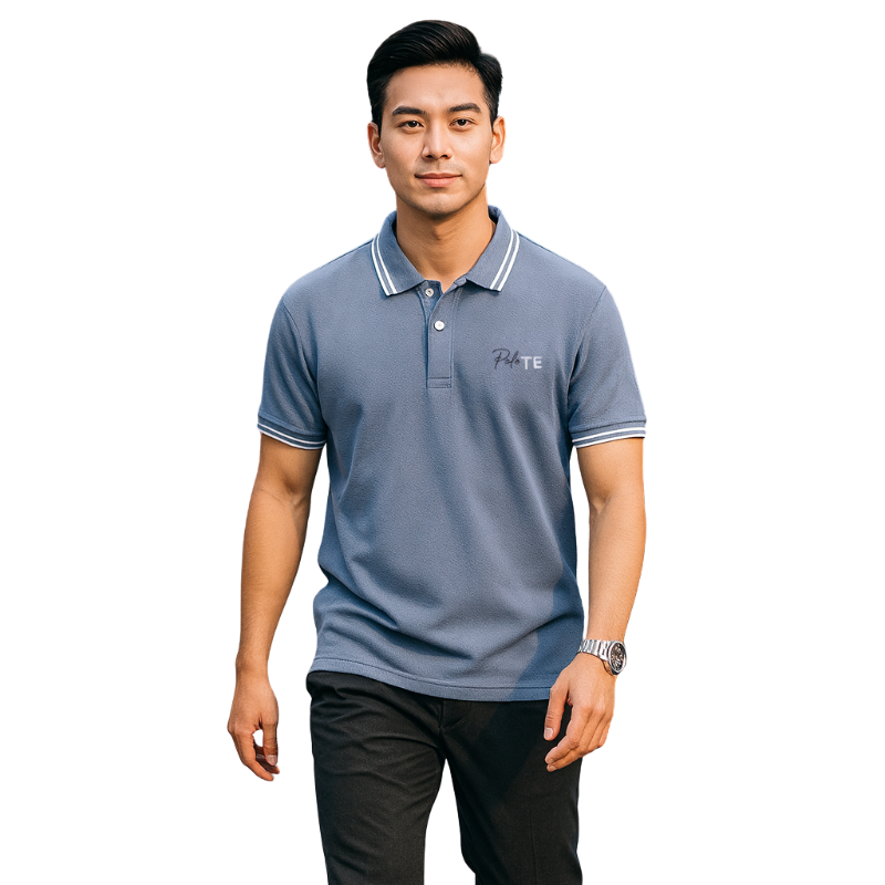 Mặt trước áo với cổ bẻ, tay ngắn và chi tiết thêu ngực