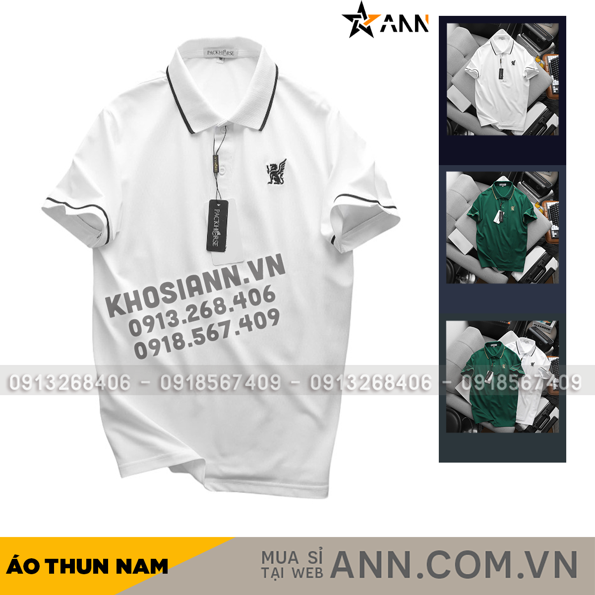 Áo Thun Nam Cổ Bẻ PackHorse Thêu Nổi Logo 2 Màu Có Size 3X