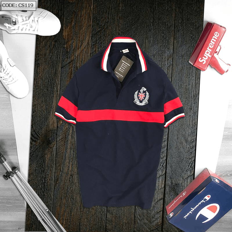 Phiên bản xanh navy với dải phối ngang thân và logo thêu ngực