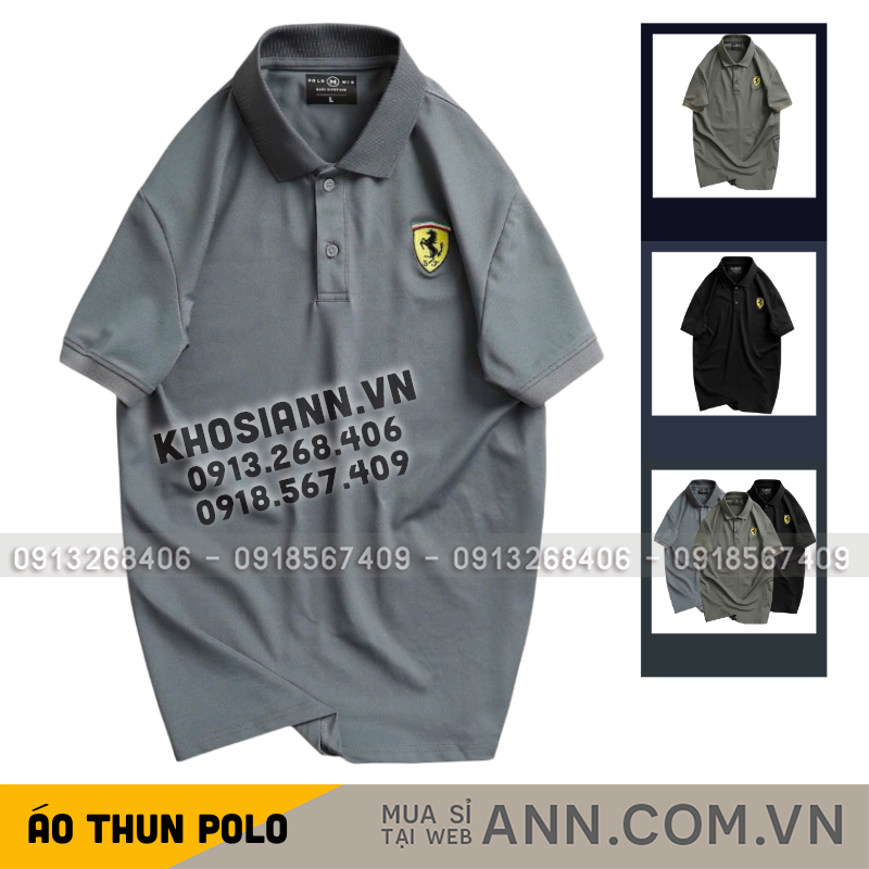 Cận cảnh dáng polo cổ bẻ và logo thêu trước ngực