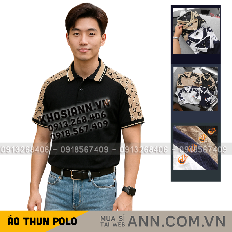 Áo Polo Nam Cổ Bẻ Thêu Logo Trước Ngực Phối Họa Tiết Chữ G Size 3XL