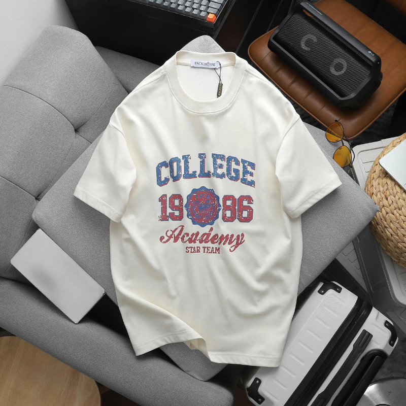Áo Thun Nam Cổ Tròn In Chữ College 1986 Trước Ngực Size M-XXL