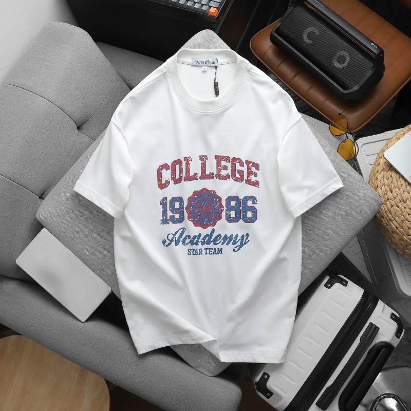 Áo Thun Nam Cổ Tròn In Chữ College 1986 Trước Ngực Size M-XXL