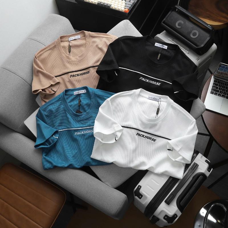 Áo Thun Nam Cổ Tròn Packhorse Phối Sọc Ngang Thêu Chữ Trước Ngực Size M-XXL