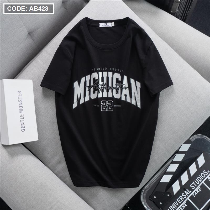 Áo Thun Nam Cổ Tròn Cotton Tay Ngắn In Chữ Michigan