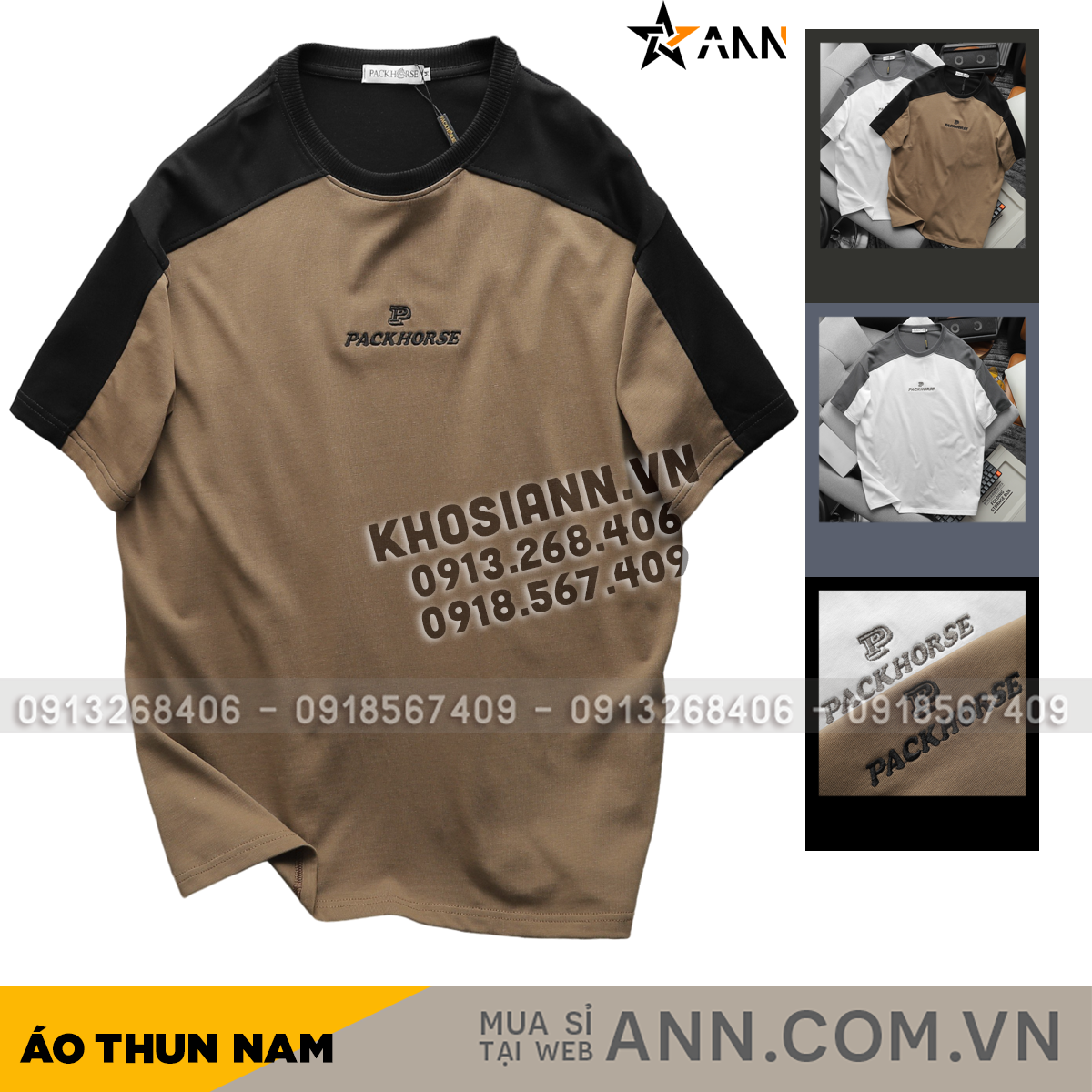 Áo thun nam cổ tròn oversize tay phối màu thêu chữ PackHorse