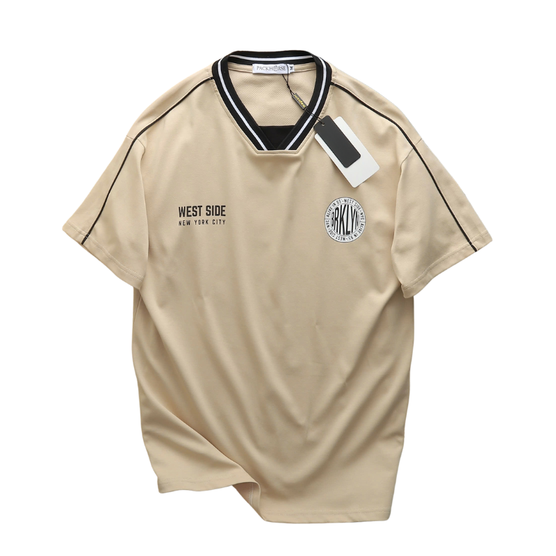 Áo thun nam cổ chữ V viền sọc in logo West Side form suông size S-XL