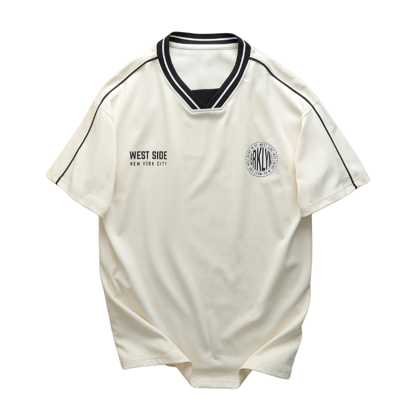Áo thun nam cổ chữ V viền sọc in logo West Side form suông size S-XL
