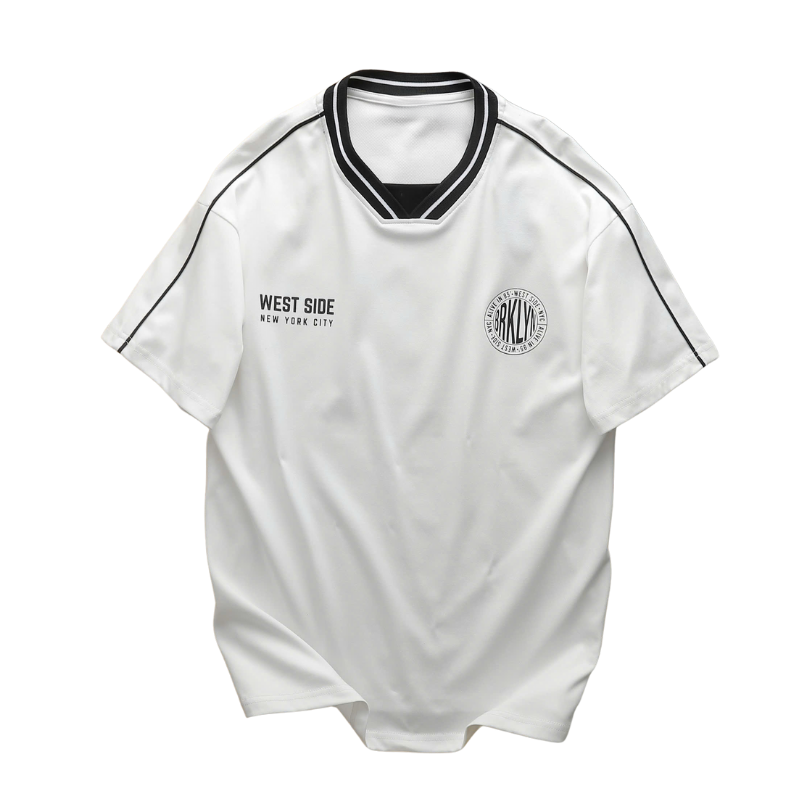 Áo thun nam cổ chữ V viền sọc in logo West Side form suông size S-XL