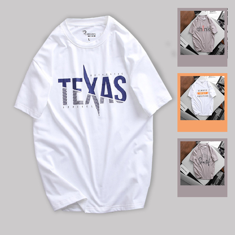 Áo Thun Nam Cổ Tròn Rurumen Màu Trắng In Chữ Texas Big Size
