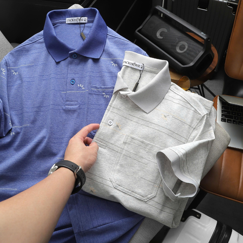 Áo Thun Nam Polo Cổ Bẻ Cotton Muối Phối Sọc Hoa Có Túi Ngực Big Size