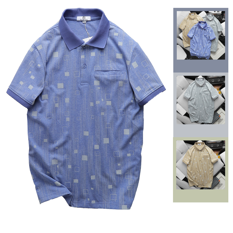 Áo Thun Nam Polo Cổ Bẻ Có Túi In Hoạ Tiết Hình Vuông Size 3X