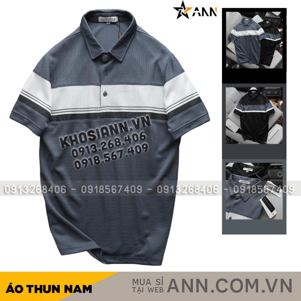 Áo thun nam polo cổ bẻ Pack Horse phối sọc ngang