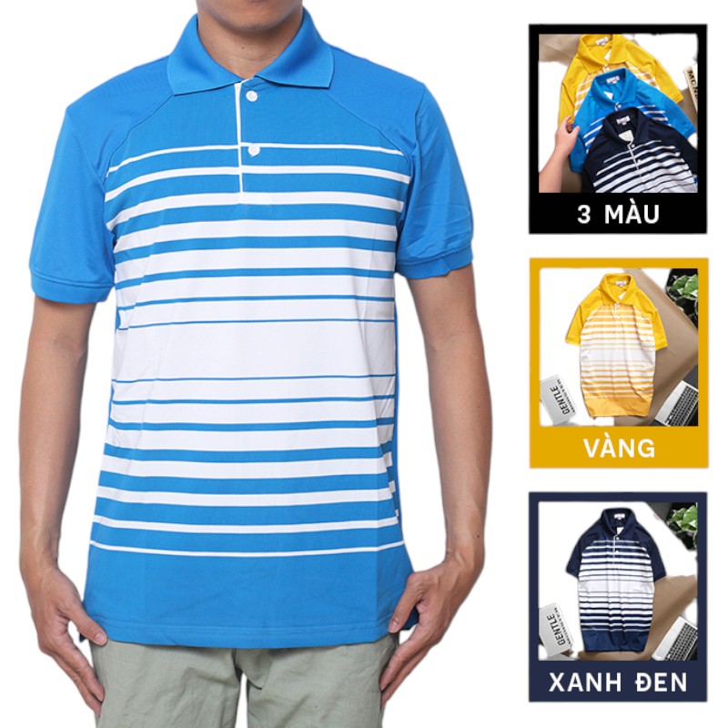 Ảnh mặc thực tế màu xanh dương phối sọc trắng, cổ bẻ tay ngắn.