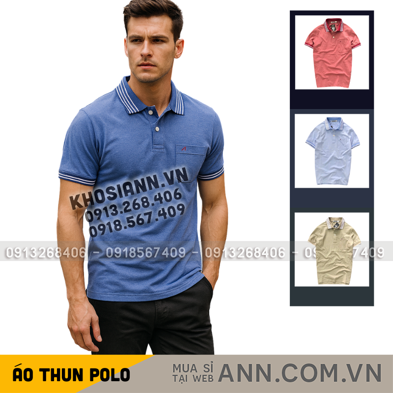 Áo thun nam polo cổ bẻ thêu chữ A có túi cotton