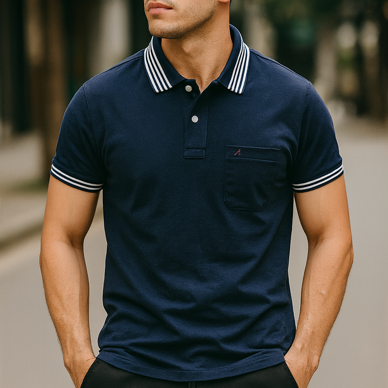 Áo thun nam polo cổ bẻ thêu chữ A có túi cotton