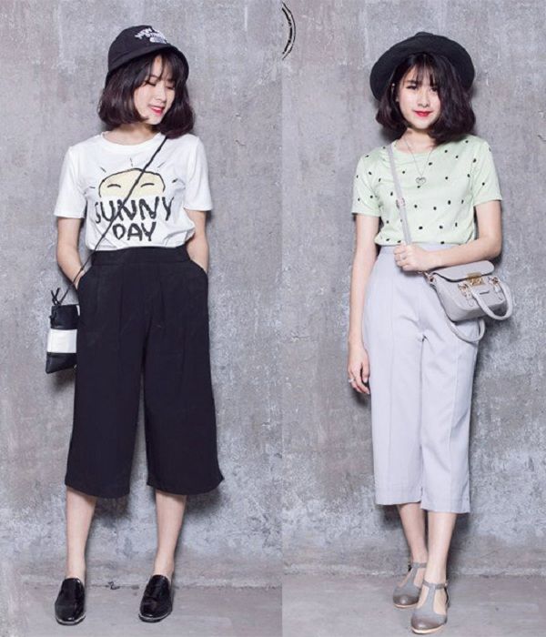 Phối áo thun nữ đẹp cùng quần ống rộng culottes