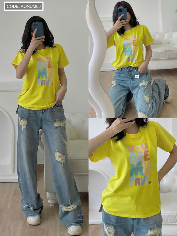 Mẫu áo vàng cổ tròn tay ngắn với phom mặc gọn gàng