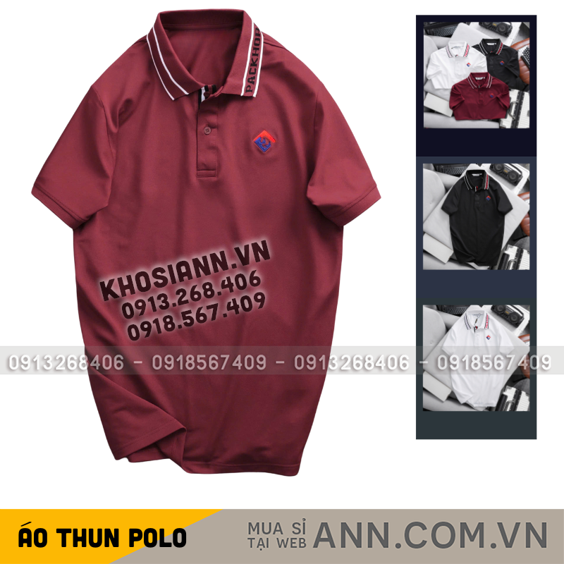 Thiết kế polo màu đỏ với logo thêu trước ngực và cổ phối sọc chữ