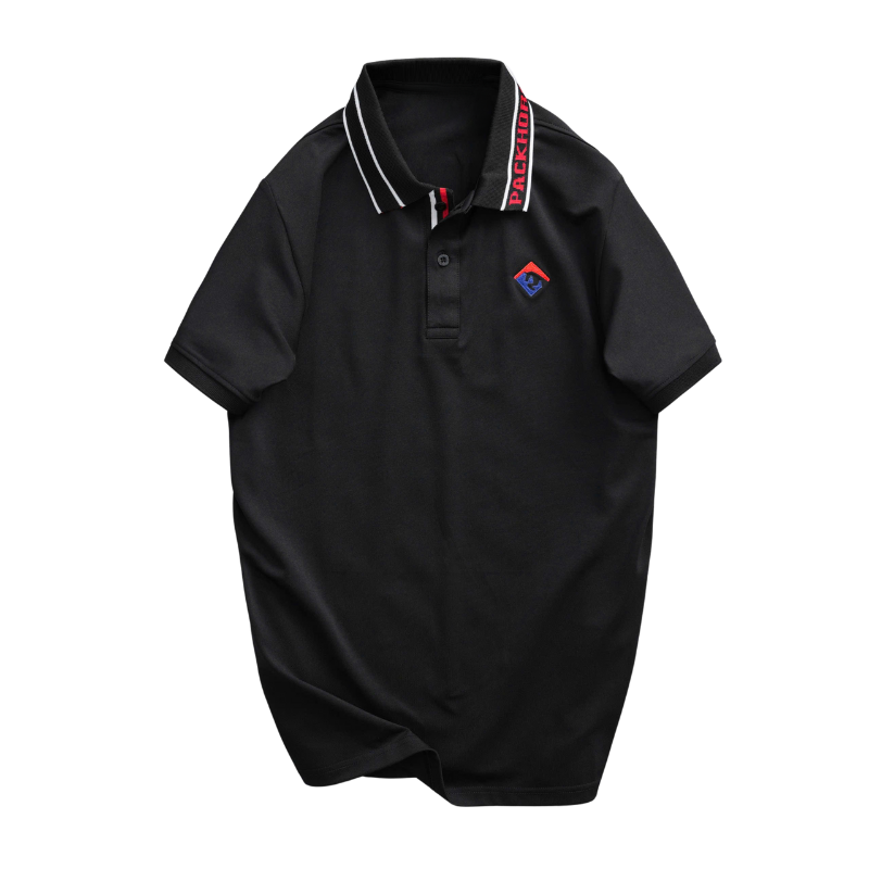 Áo thun polo nam cổ bẻ thêu logo trước ngực, phối sọc chữ cổ áo, big size