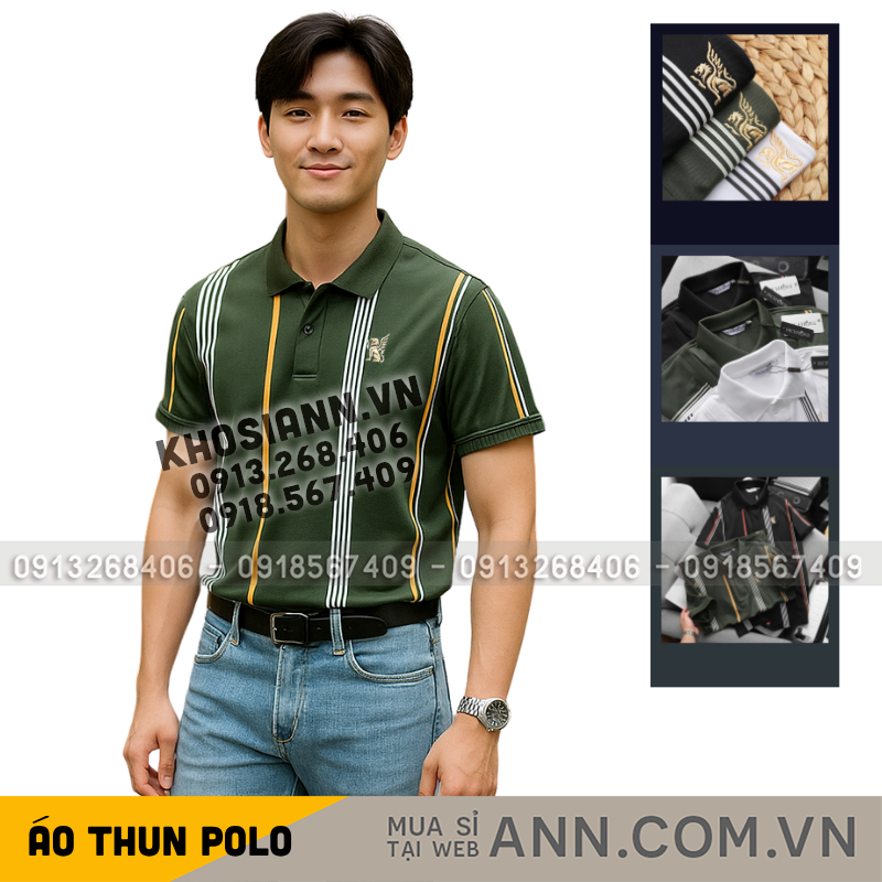 Áo Thun Polo Nam Cổ Bẻ Phối Sọc Thêu Logo Trước Ngực Size 3Xl