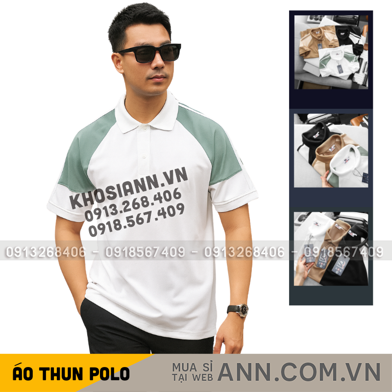 Ảnh mặc thực tế với thiết kế polo phối màu ở tay và vai