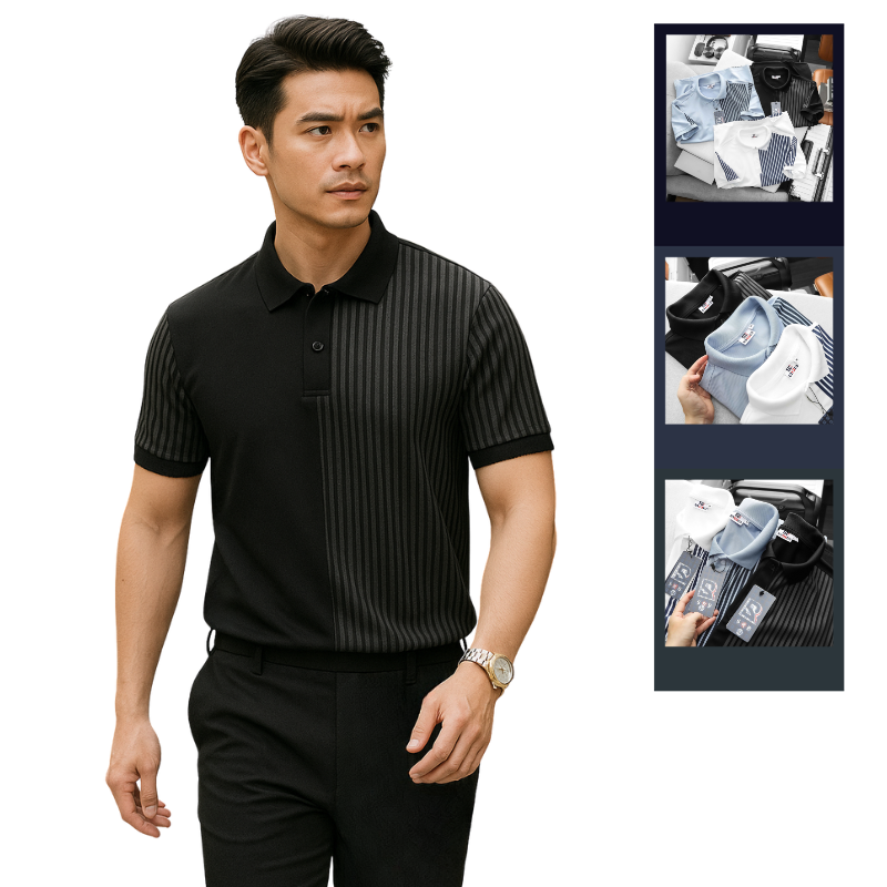 Hình ảnh Áo Thun Polo Nam Phối Sọc Dọc Trước Ngực Và Tay Áo BigSize Từ 50-90kg trong bộ sưu tập áo thun có cổ