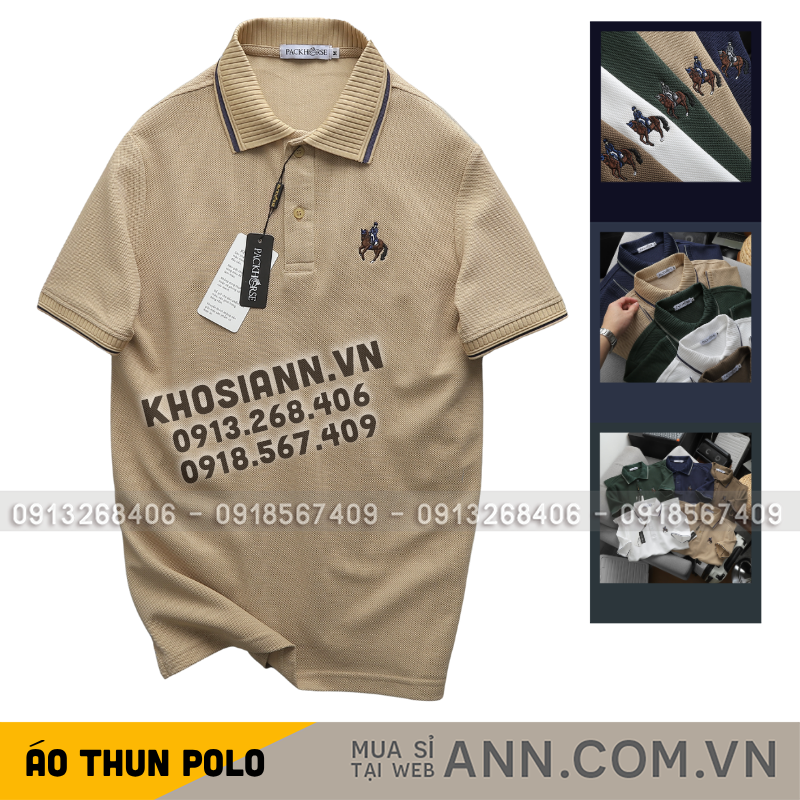 Cận cảnh tông màu kem, cổ bẻ phối sọc và logo thêu trước ngực