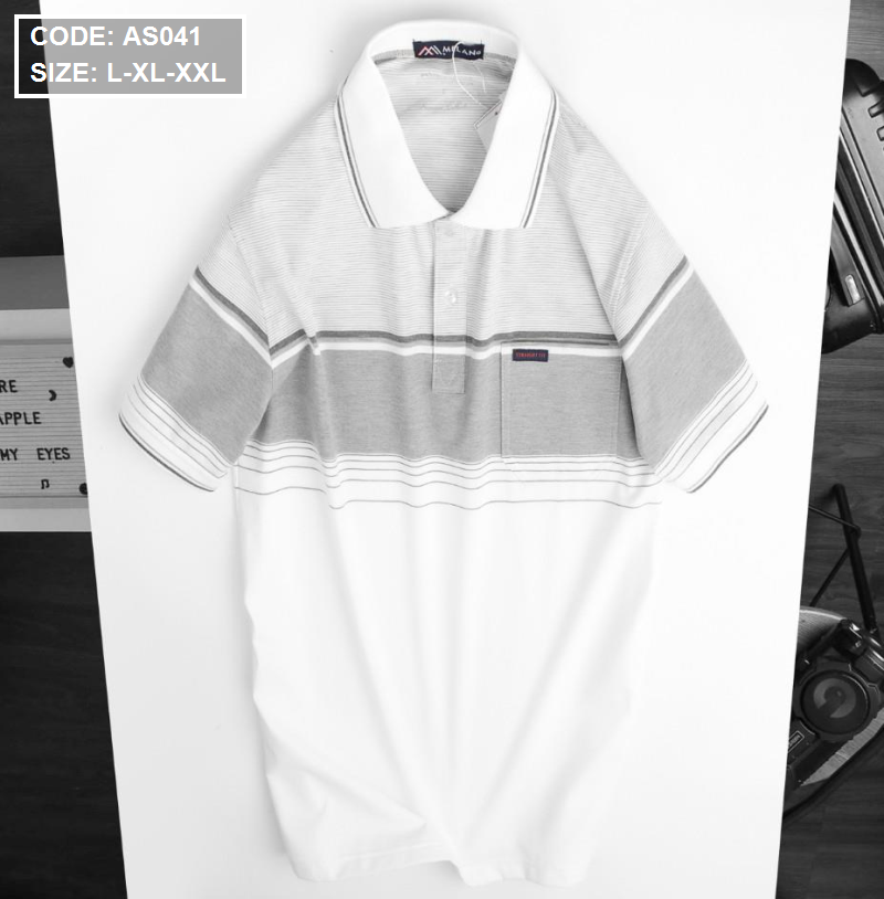Áo thun sọc nam cổ bẻ phối viền có túi thun cotton