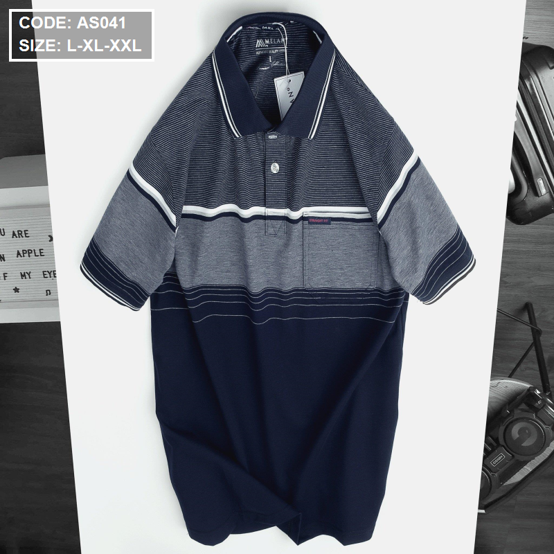 Áo thun sọc nam cổ bẻ phối viền có túi thun cotton